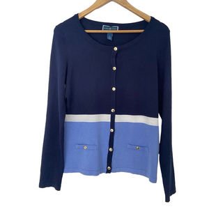 KAREN SCOTT NAVY AND BLUE BUTTON DOWN CARDIGAN WITH GOLD BUTTONS, MEDIUM